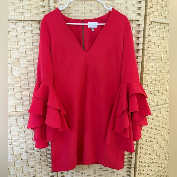 Milly Nicole Cady V-Nek Bell Sleeve Red Mini Dres Size 4 - Picture 3 of 10